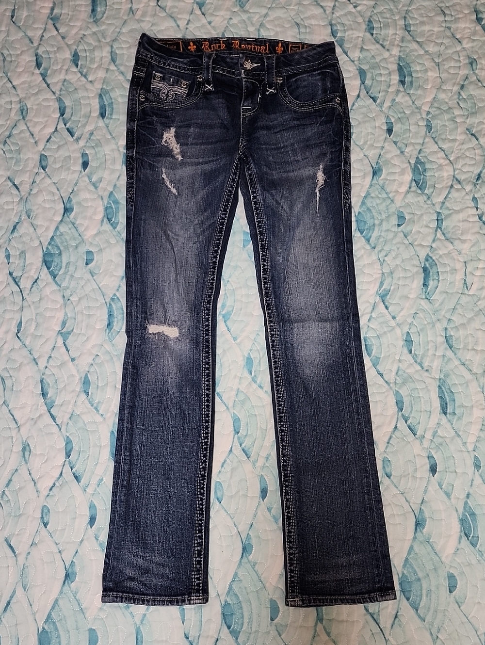 Rock Revival Women's Dark Blue Boot Cut Jeans with Distressed Detail